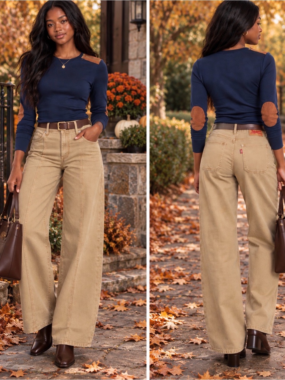 Lauren Ralph Lauren Navy Crewneck Shirt with Brown Elbow & Shoulder Patches